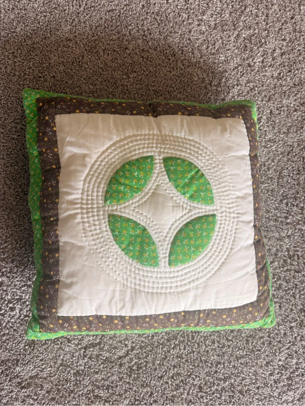 Handmade Quilted Pillow with Green Applique